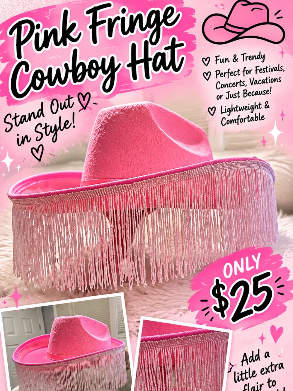 New Pink Fringe Cowboy Hat - Bold Pink Party Hat